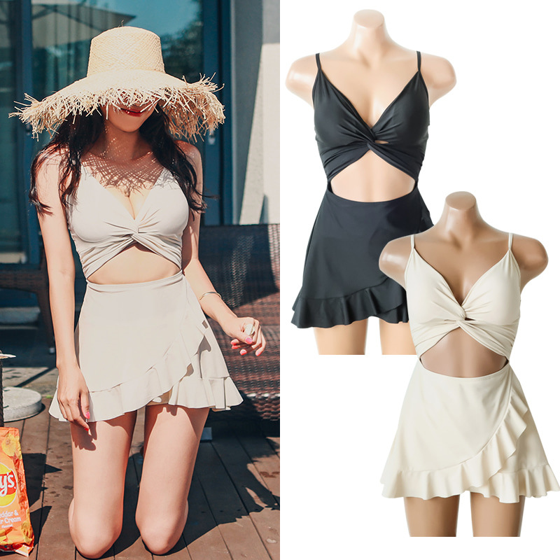 Manufacturer Korea's New Hot Spring Backless Solid Color Irregular High Waist Belly-Covering Conservative Skirt-Style Cross One-Piece Swimsuit for Women