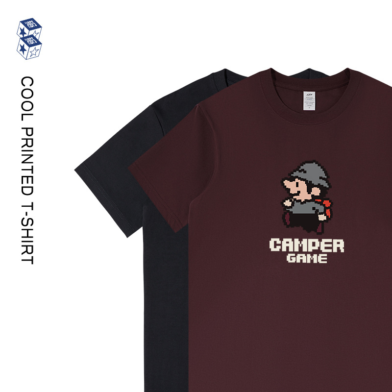 Men's Summer Pixel Game Print T-Shirt, 230g, Unique Design, Short-Sleeve Casual Base Shirt for Men and Women, Ins Style