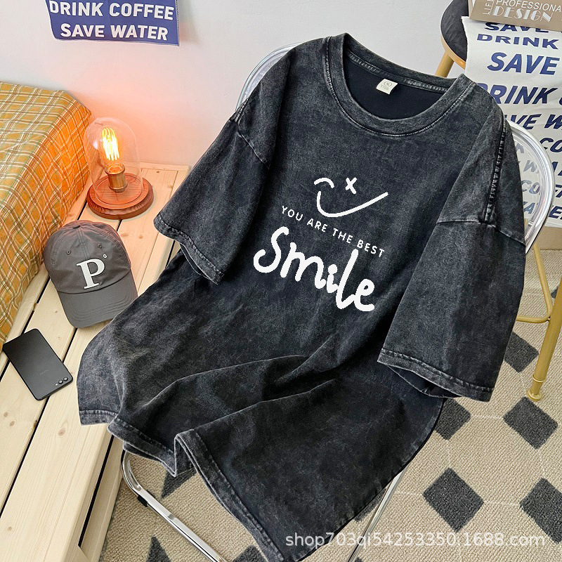Summer Short-Sleeved T-Shirt for Men 2024 New Washed and Distressed Heavy Cotton Half-Sleeved Boys Trendy Brand Clothes Summer Clothes