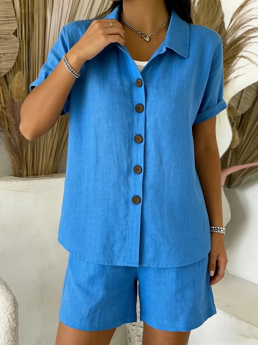 2026 European and American Cross-Border Summer Independent Site Amazon New Casual Button Cotton and Linen Women's Short-Sleeve Shirt Set