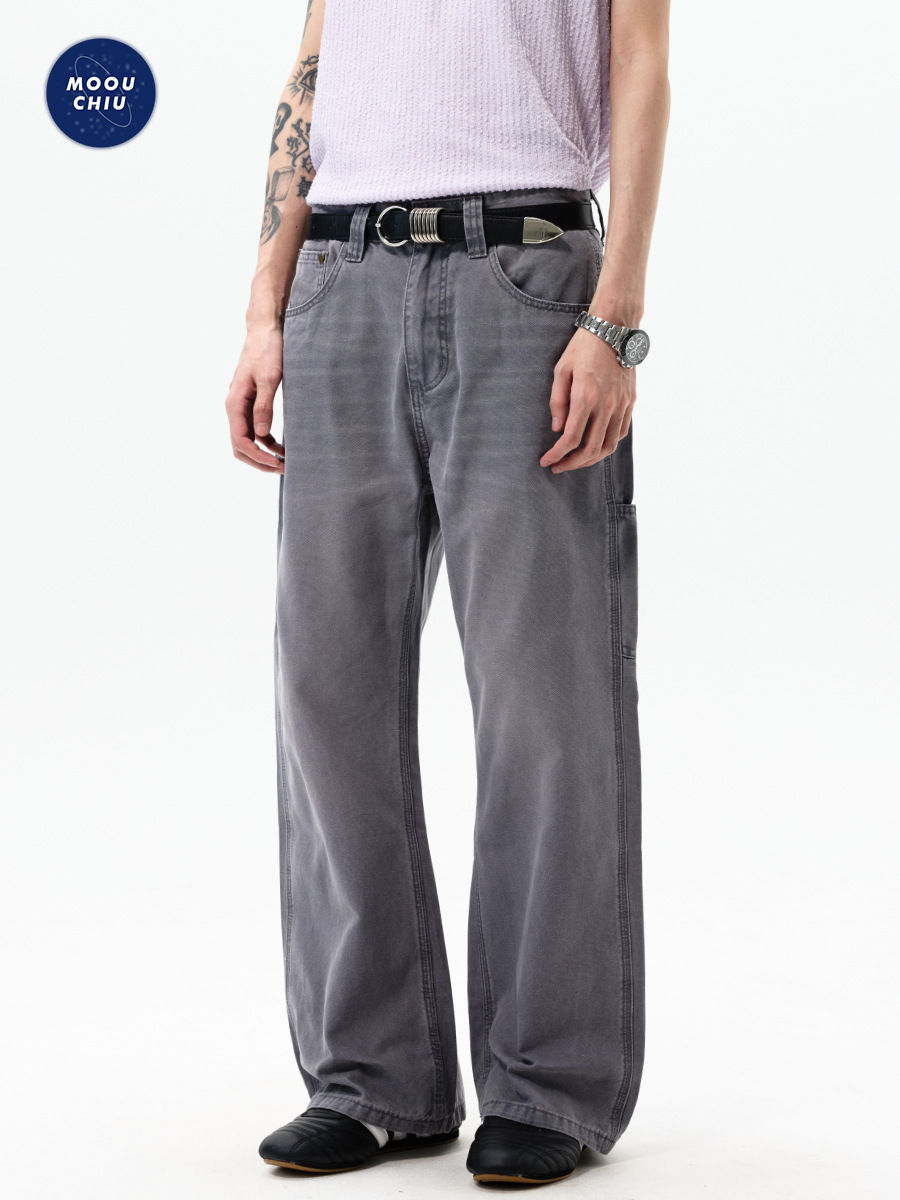 Muqiu Men's Clothing | American Retro Workwear Washed Lumberjack Pants Men's Loose Straight Cleanfit Casual Jeans