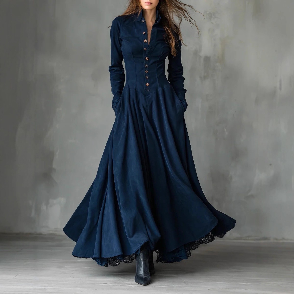 European and American Cross-Border 2025 Independent Site French Retro Style Faux Suede Lace Trim Patchwork Shirt Dress in Stock