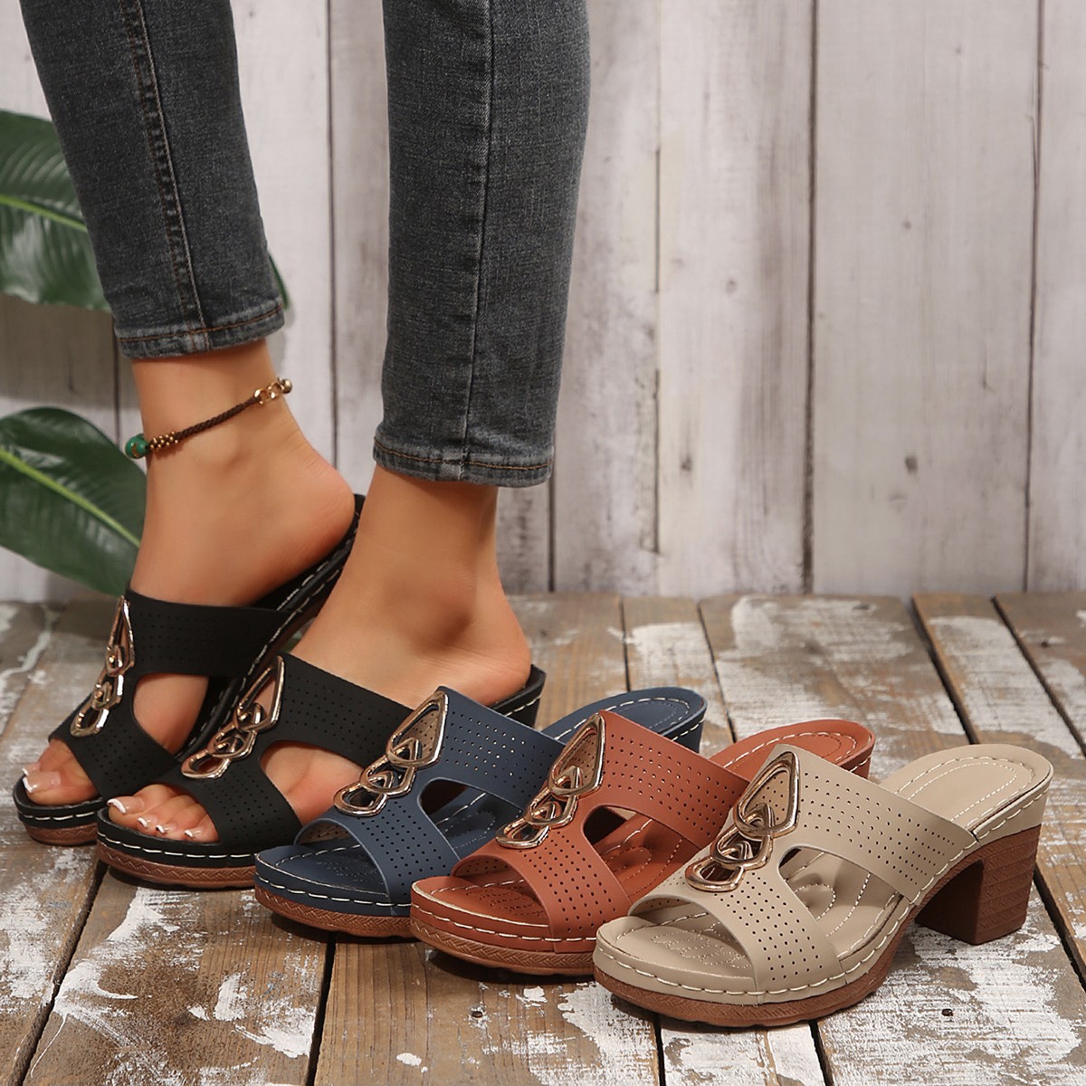 2026 Summer New Style European and American Foreign Trade Large Size Thick Heel Metal Decorated Beach Slippers Wedge Heel Perforated Sandals for Women