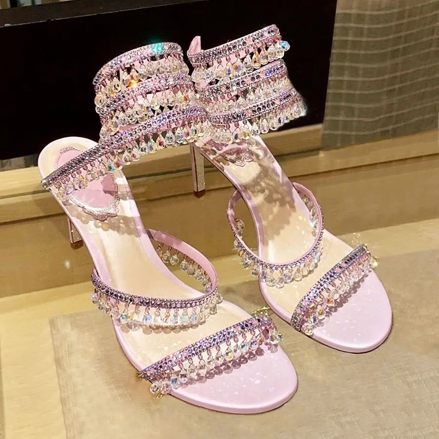 2025 New arrival French Rhinestone Tassel Small Heel Sandals Fairy Crystal Shoes Genuine Leather Snake Wrap High Heels Black