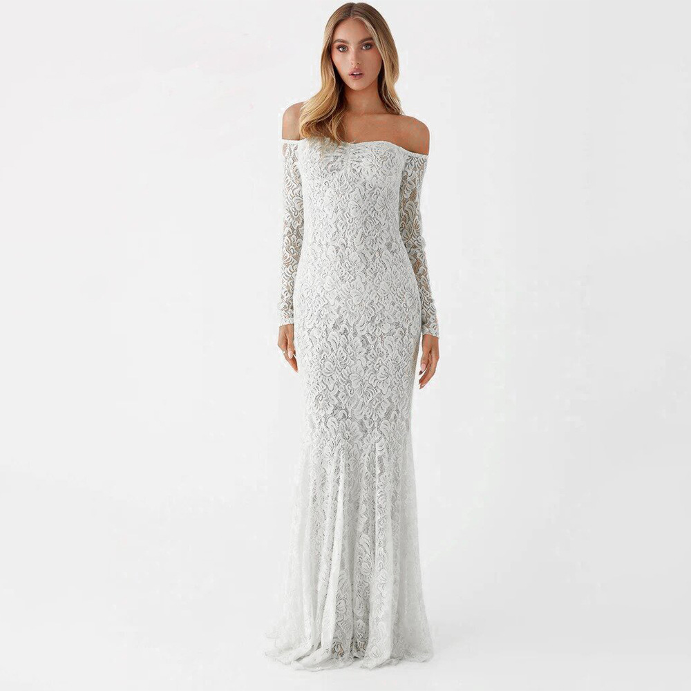 Europe and the United States cross-border foreign trade wholesale new women's long sleeve dress sexy off-shoulder lace perspective AliExpress