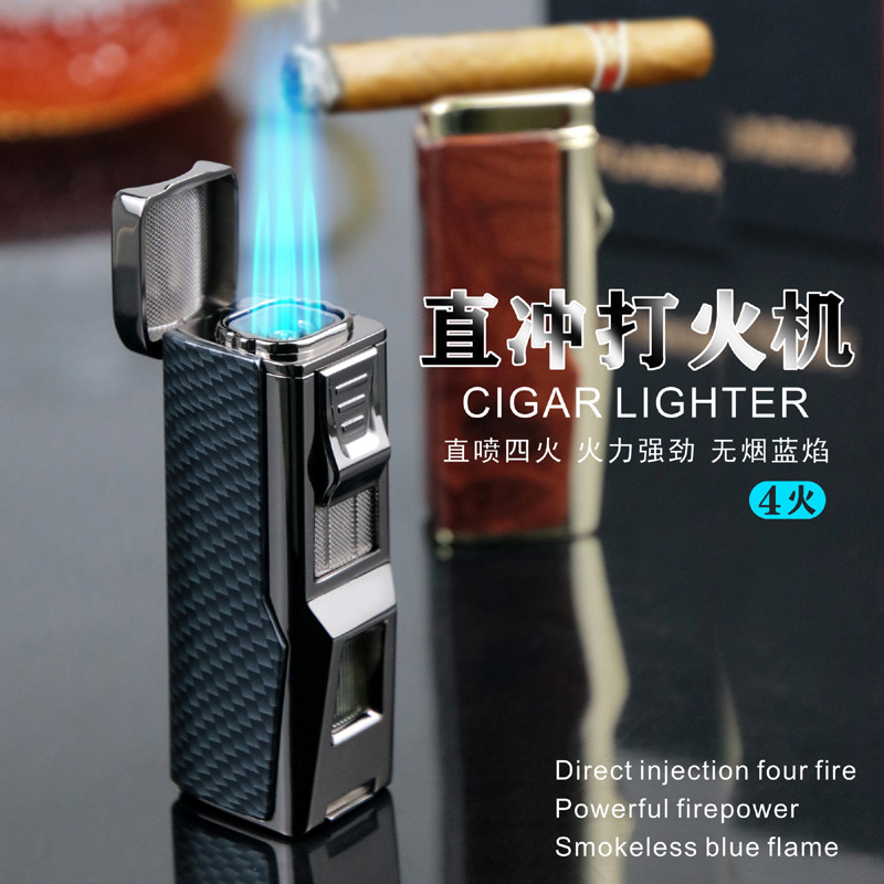 With Cigar Cutter Four Straight-Through Cigar Lighter Moxibustion Aromatherapy All-Metal Gas Windproof Lighter Customized Cross-Border