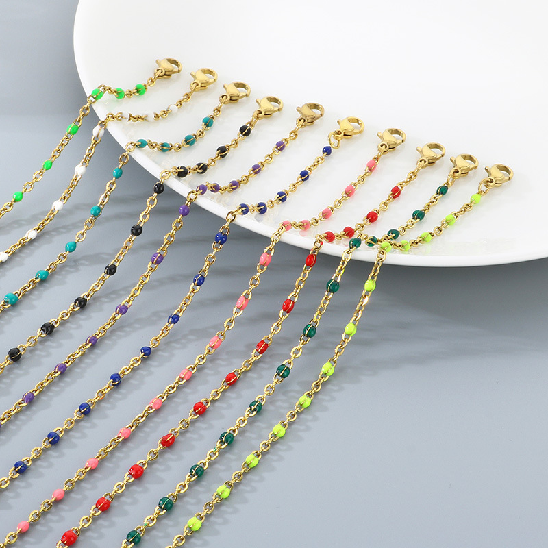 Dongguan Manufacturer E-Commerce Stainless Steel Flat Cross Chain Colorful Enamel Anklet Bohemian Vacation Style Beach Anklet