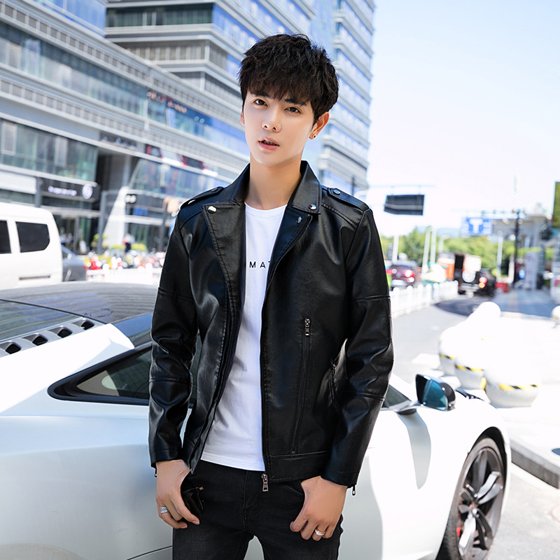 Cross-border Thin Spring and Autumn Suit Collar PU Leather Jacket Men's Slim-fit Korean Style Handsome Men's Leather Motorcycle Jacket Men's