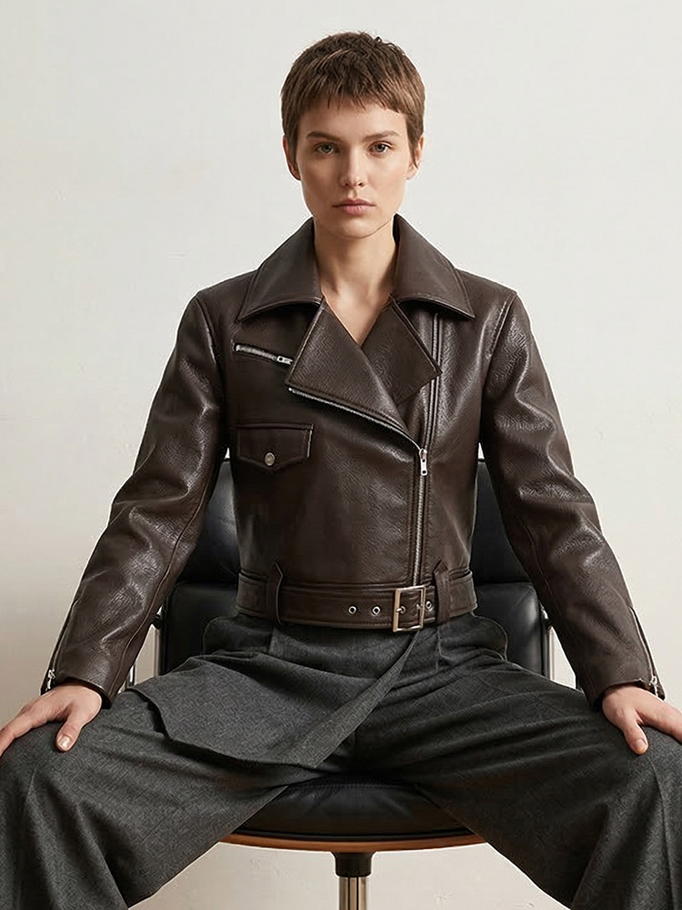Spring and Autumn Haining Genuine Leather Jacket for Women, Short Brown Motorcycle Jacket, Small-Sized Goatskin Jacket for Commuting