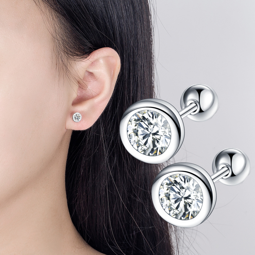 Simple fashion elegant personality round Zircon stud earrings female screw twist buckle earrings elegant cute small fresh earrings