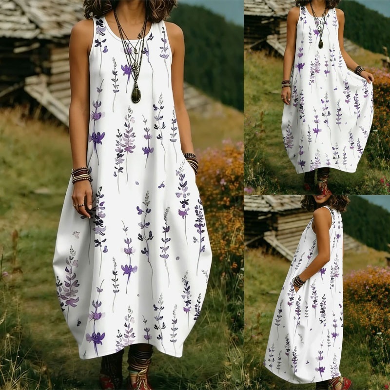 Ebay Plus-Size Cross-Border Foreign Trade Spring and Summer Fresh Floral Print Sleeveless Dress Loose Casual Women's A-Line Dress