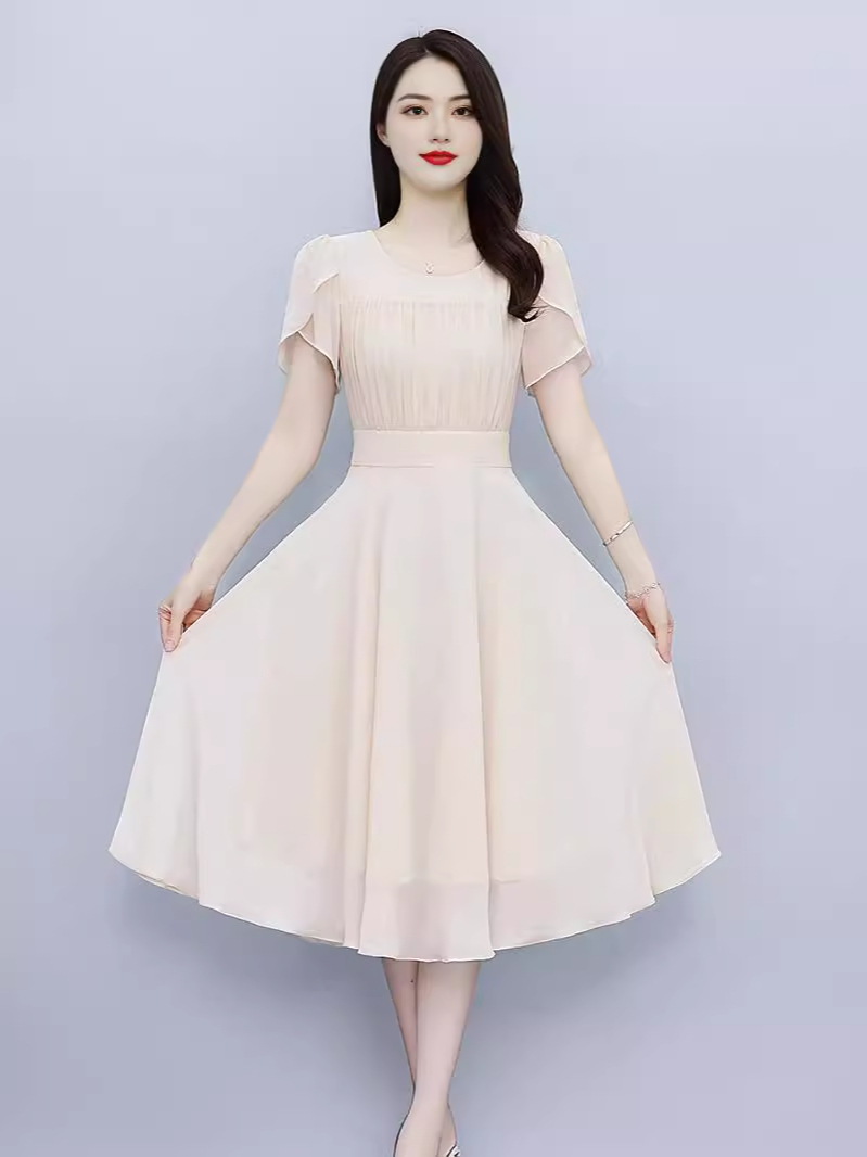 Simple Elegant Puff Sleeve Waist dress Women's 2024 Summer New Gentle Style Women's Mid-length dress
