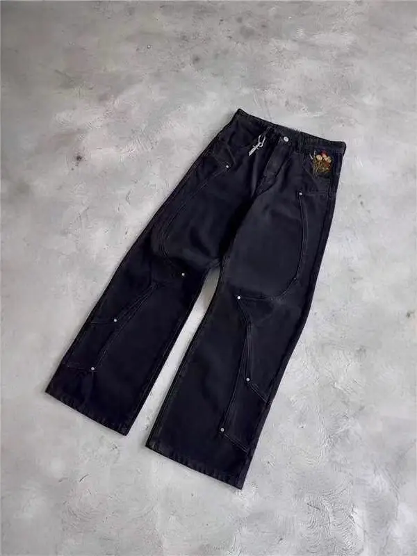Black straight leg jeans autumn American high street rivet paratrooper casual pants rugged handsome washed fried street pants Y2K