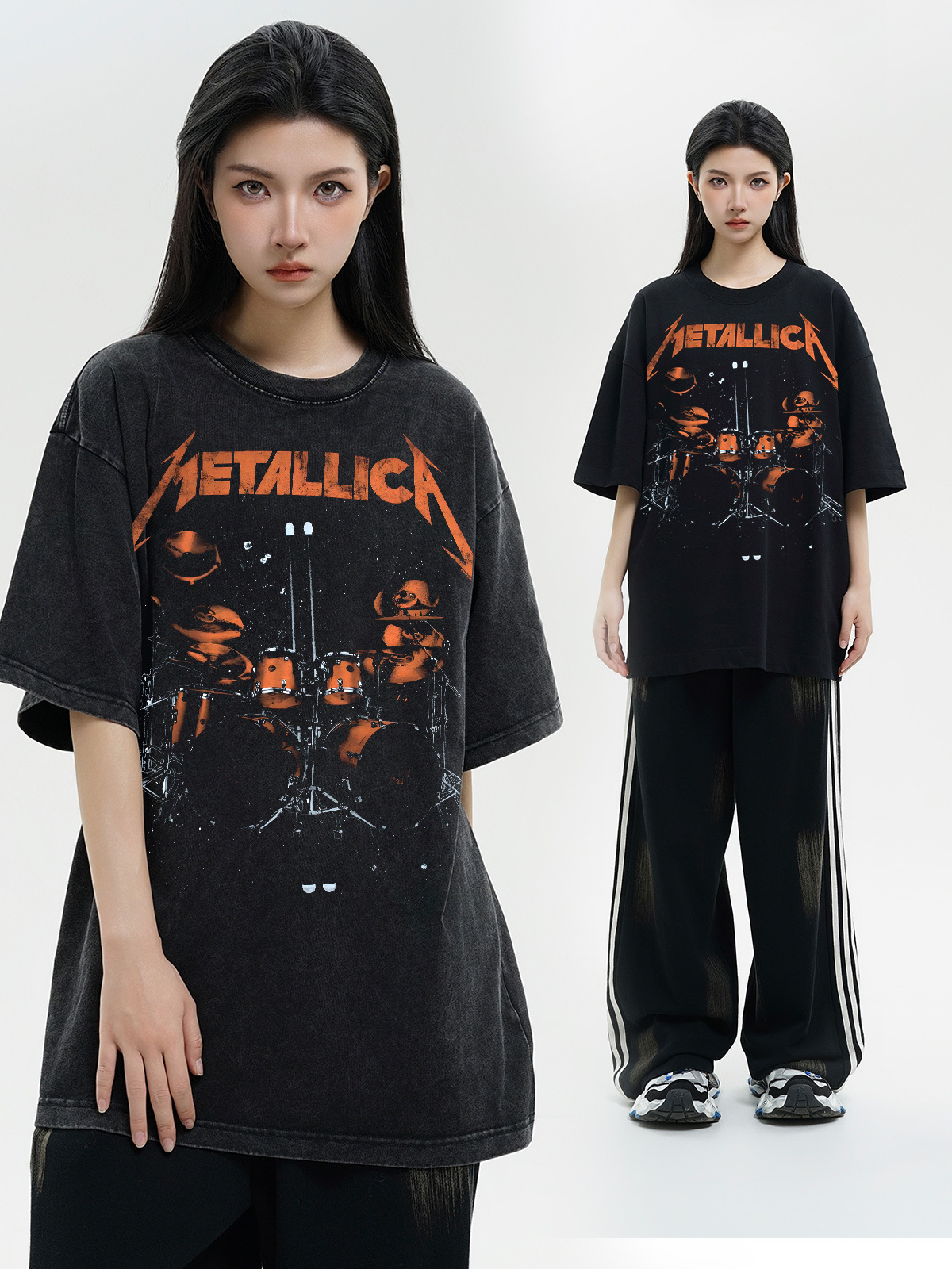 METALLICAvintage Short-sleeved T-shirt Loose Heavy-weight Washable Pure Cotton Trendy Brand American Style Retro European and American Style Men's Ins