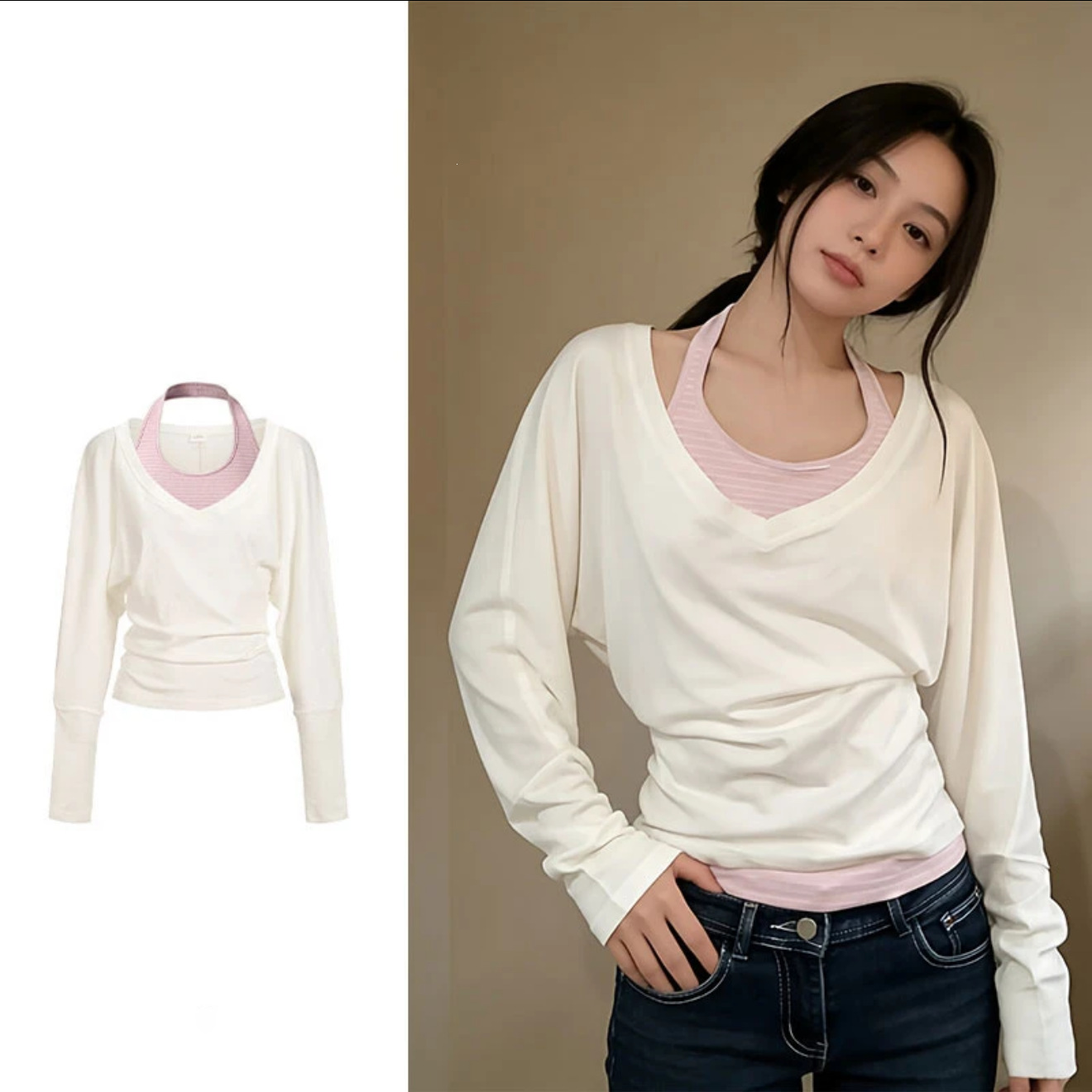 Snowflake Cotton Korean Retro Layered Long-Sleeved T-Shirt for Women Summer Slightly See-Through Sun Protection Blouse Top Vest Two-Piece Set