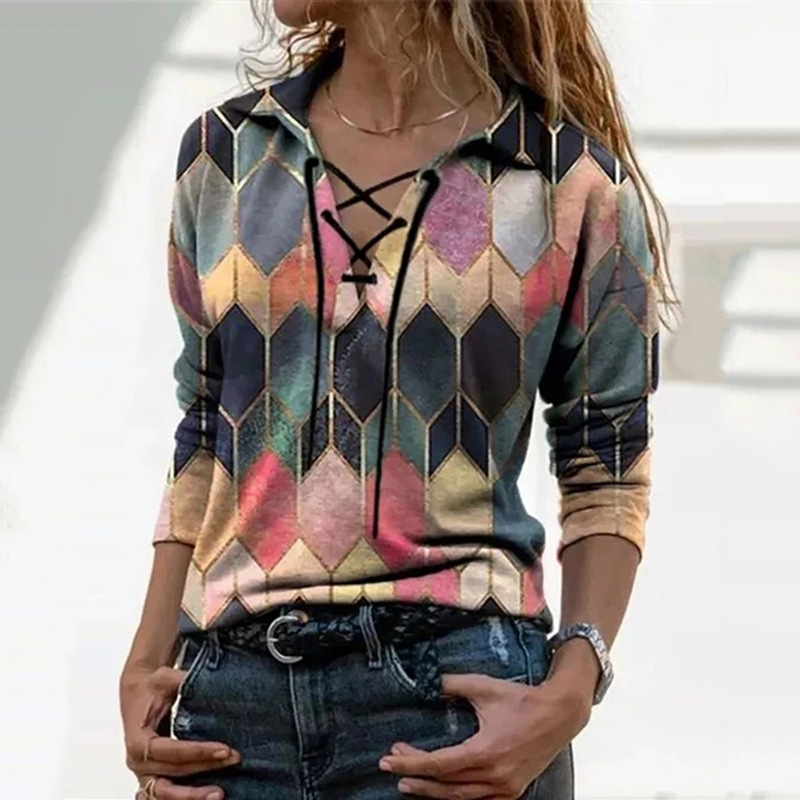 Cross-Border Amazon 2024 Women's Autum New T-Shirt Contrasting Printed Long-Sleeved Lace-Up V Neck Bottoming Shirt Tops for Women