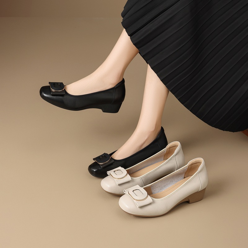 [First-Layer Cowhide] Zhr Bow-Knot Wedge-Heeled Women's Shoes 2026 New Versatile Commuter Shallow-Mouthed Women's Shoes