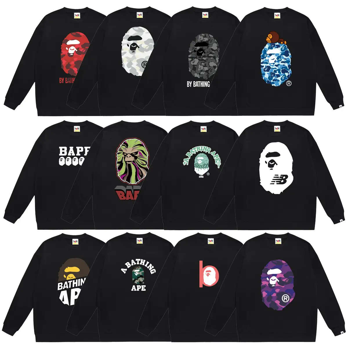 BAPE ape head tide printed terry round neck sweater fall and winter new hip-hop trend men and women ins cross-border