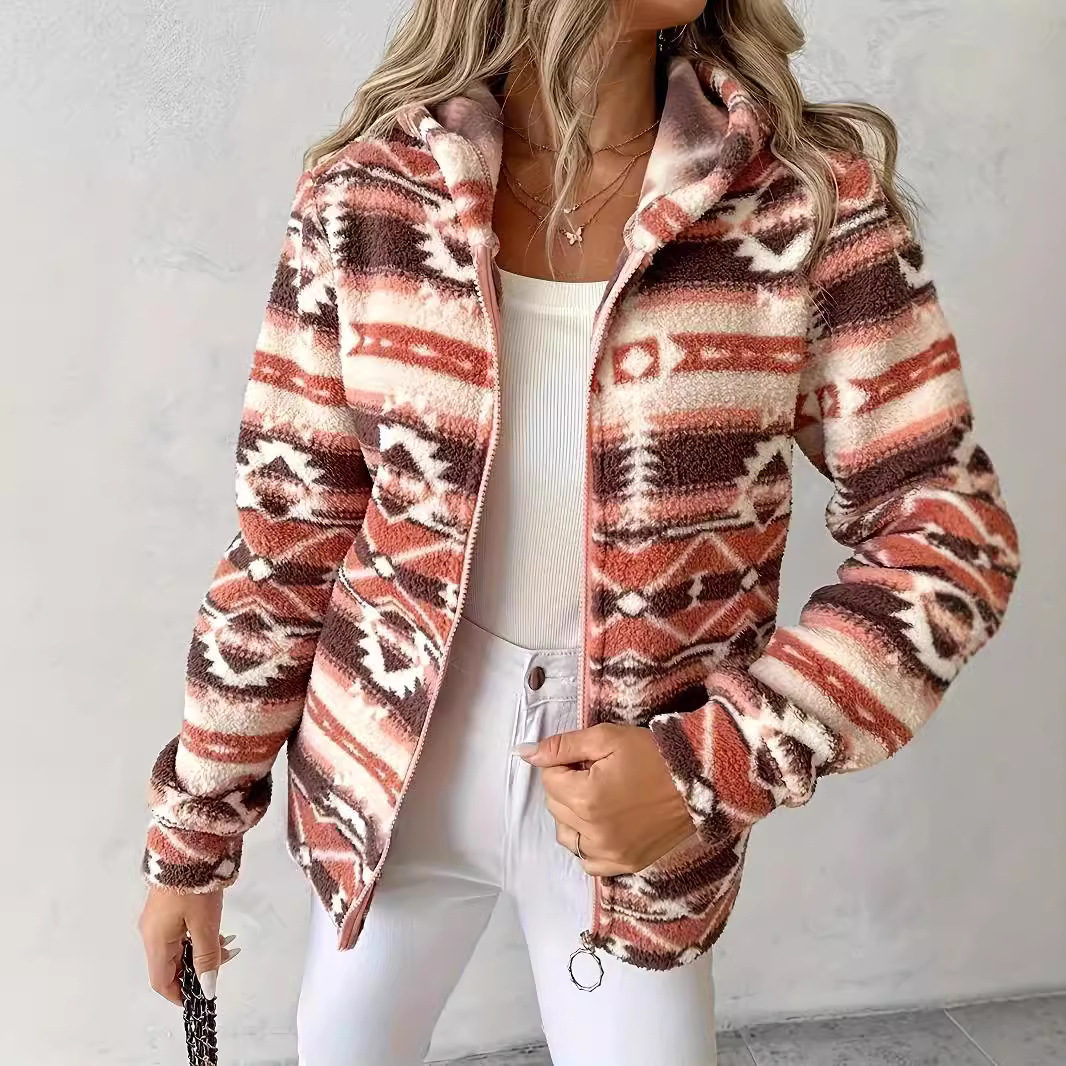 European and American New Amazon Fashion Casual Women's Loose Geometric Pattern Printed Hooded Zipper Jacket for Women
