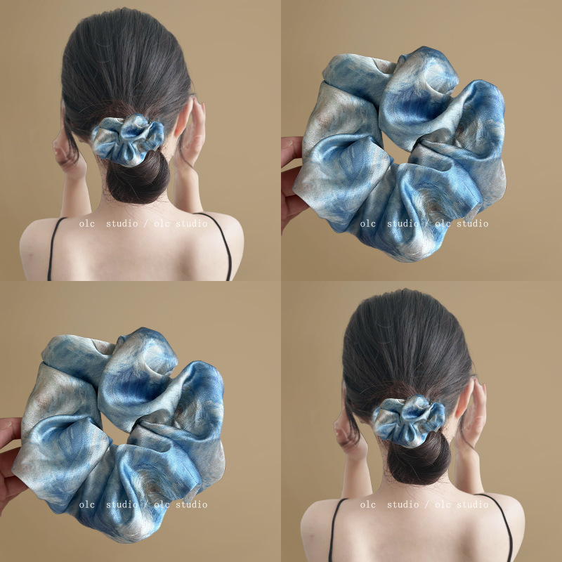 Starry Sky Blue High-End Oil Painting Satin Hair Tie Elegant Ball Hair Rope Summer Hair Tie Hair Rope Hair Accessories