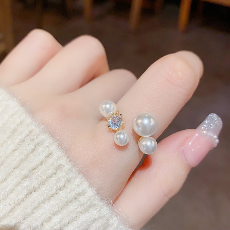 Japanese and Korean exquisite socialite style zircon pearl opening free size ring fashion elegant gentle Joker finger ring wholesale