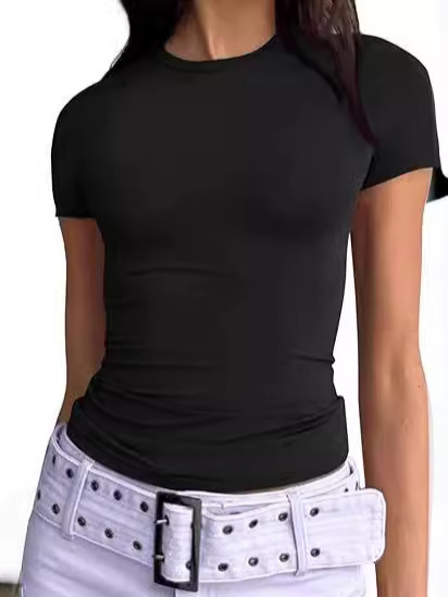 European and American Summer Women's Pullover T-shirt Spice Girls Outer Wear Slim-fit Top Fashion Round Neck High-end Milk Silk Women's Clothing