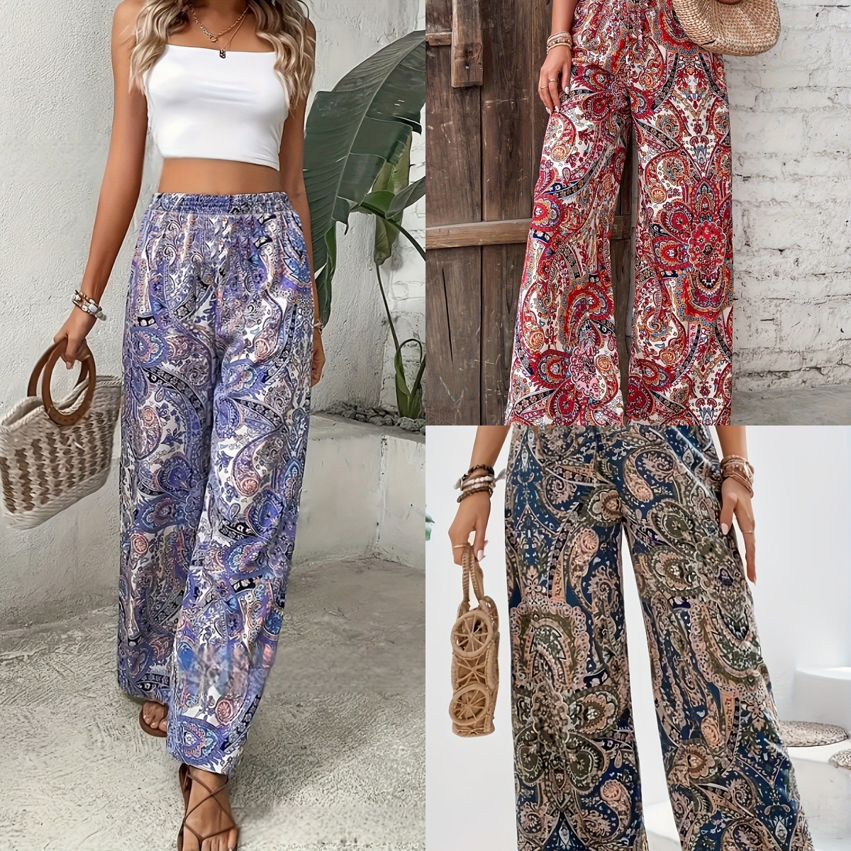 2024 New European and American Cross-border Casual European and American Bohemian Style Paisley Printed Wide Leg Pants Women's Pants