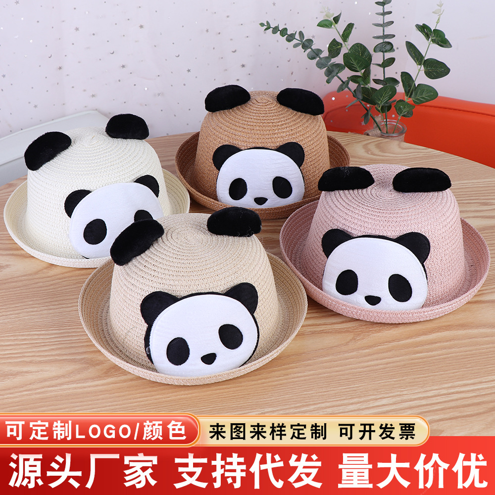 Spring and Summer Sunshade Rolled-Brim Straw Hat, Parent-Child Style, Unisex Cartoon Panda Hat, Travel Spot Sun Protection Breathable Bucket Hat