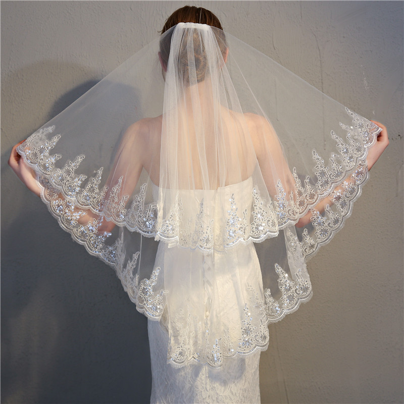 White Veil Wedding Accessories Exquisite Sequin Lace Short Photo Studio Bridal Veil Wedding Headpiece Wholesale