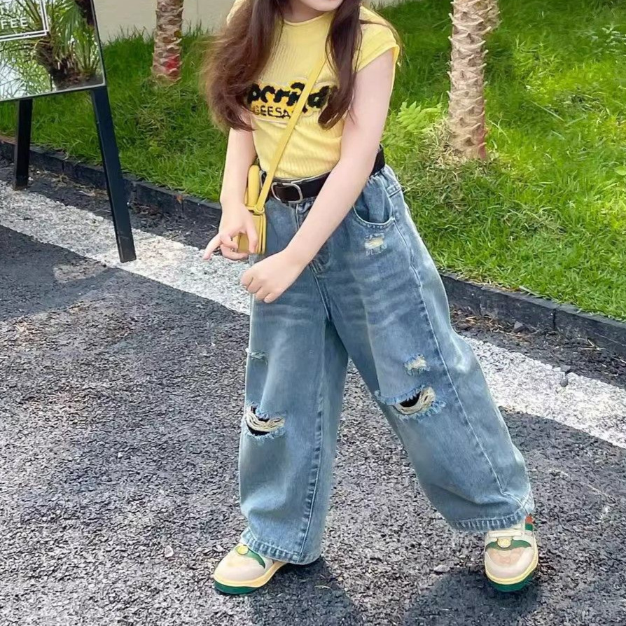 Spring and Autumn Girls' Wear Jeans Baby's Western Style Children's Personality Trendy Korean Style Loose Hole Trendy Wide Leg Pants