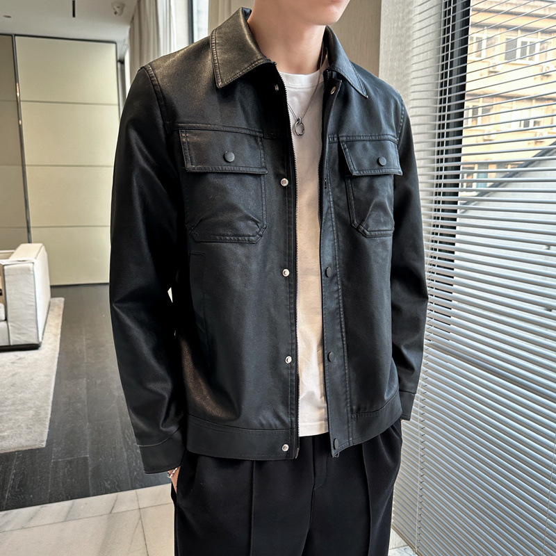 Spring and Autumn Cross-border high quality Leather Jacket Men's New Korean Style Fashion Lapel Slim Fit PU Leather Jacket Youth Jacket