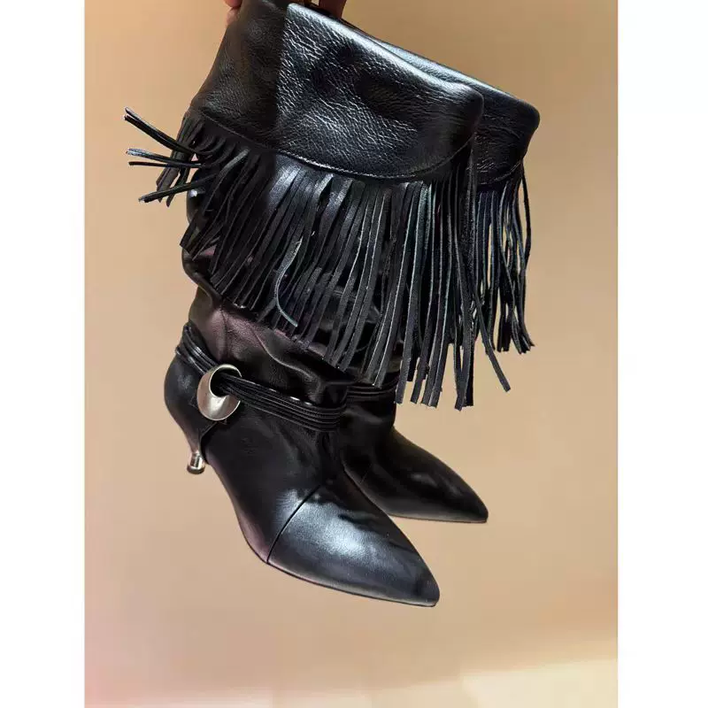 European and American foreign trade trendy retro tassel boots, low heel pleated pile boots, Western denim fashion trend, cuffed women's short boots