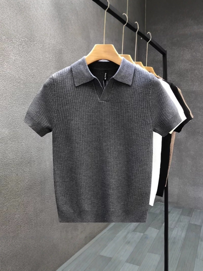 Simple Lapel Korean Style Short-Sleeve Sweater for Men, Trendy Brand Solid Color Knitwear, 2026 Summer New Men's Top