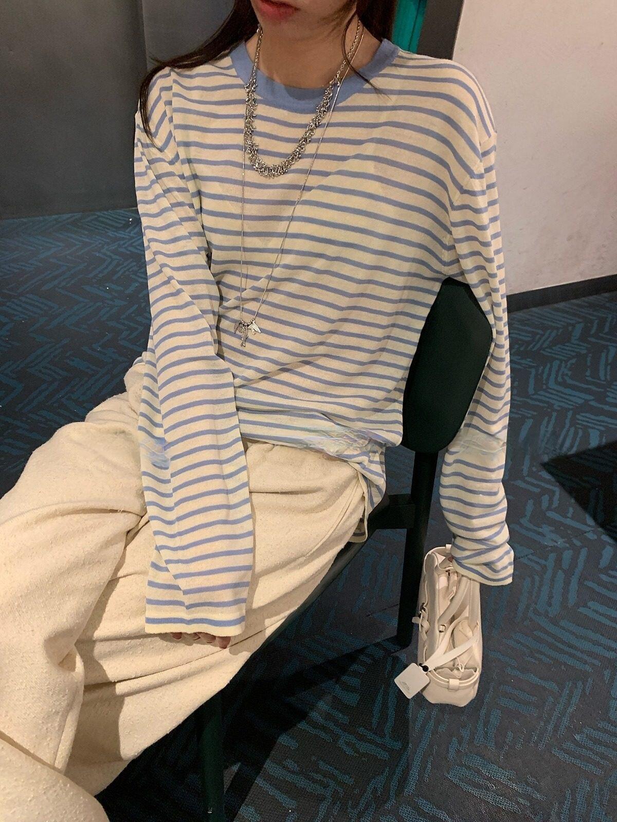 Blue Striped Round Neck Long-Sleeve Knit T-Shirt Versatile Loose Fit Top 26 Spring/Summer New Style with a Lazy and Relaxed Vibe