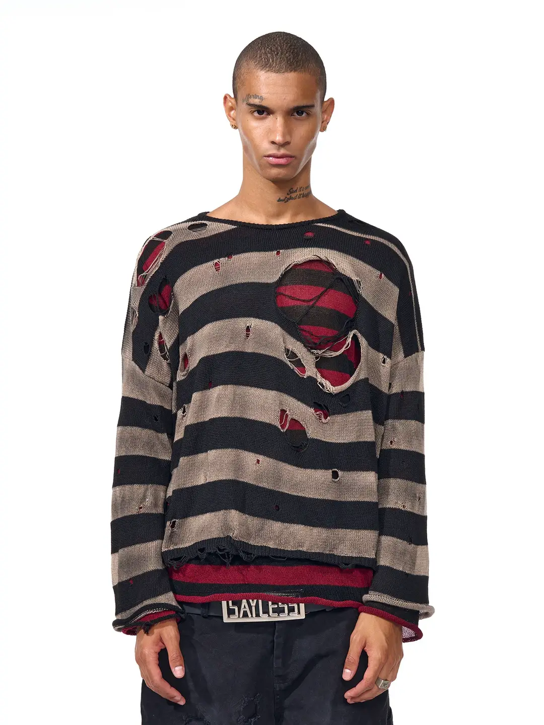 Fourth3Ex 25Fw Double-Layer Distressed Washed Knit Sweater for Men Early Autumn Long-Sleeve Striped Knitwear