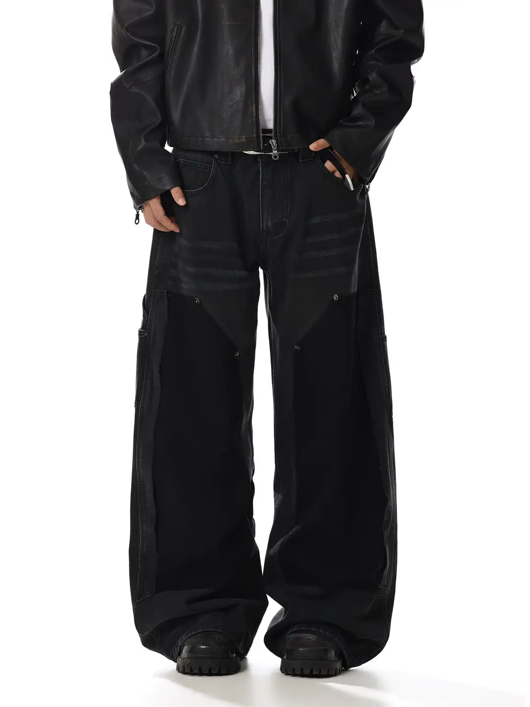 American Retro Rivet Patchwork Design Wide-Leg Jeans for Men and Women, Washed Loose Straight-Leg Lumberjack Pants