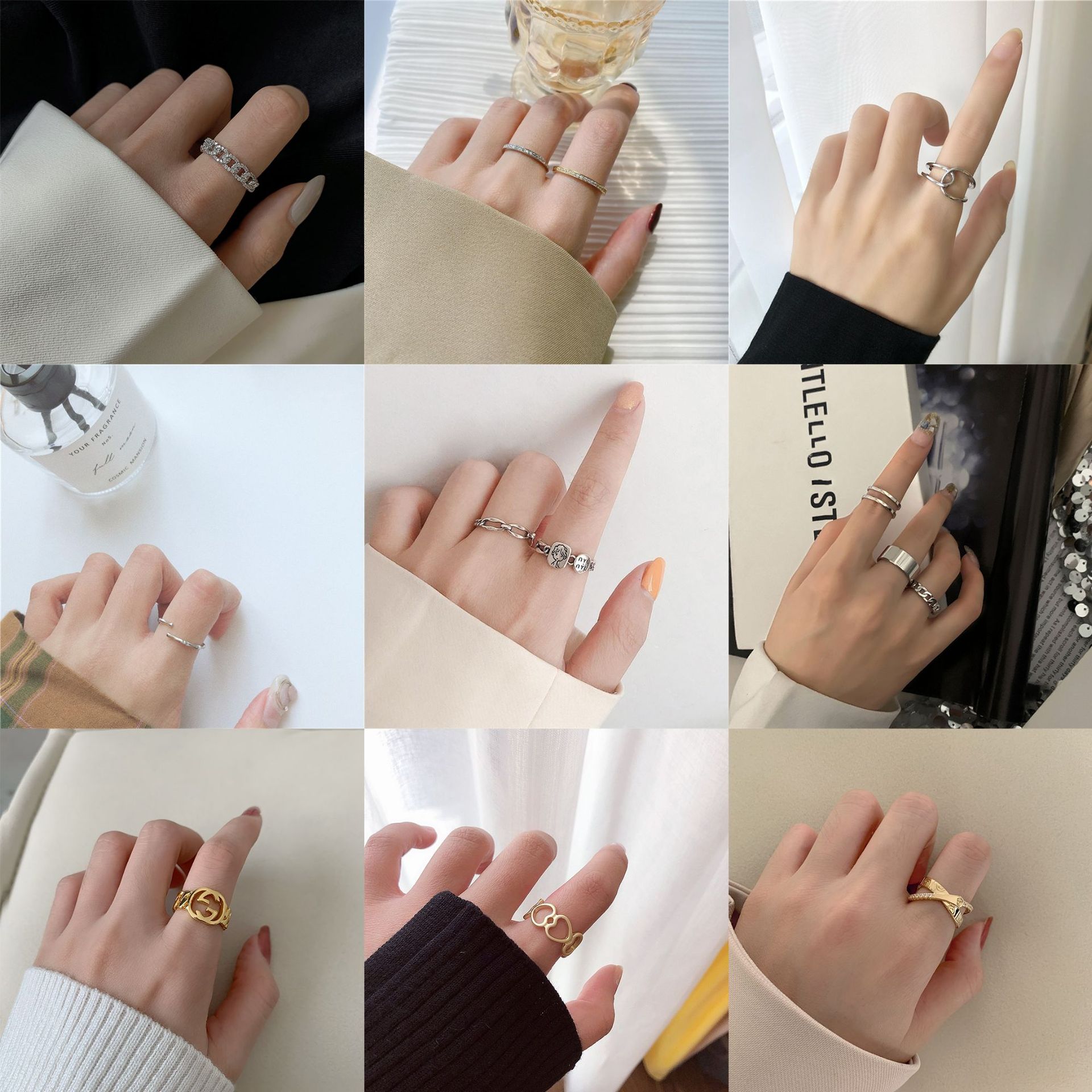 Wholesale Niche Design Zircon Rings Ins~Adjustable Open-Ended Tail Ring Combination Set Personalized Jewelry for Women