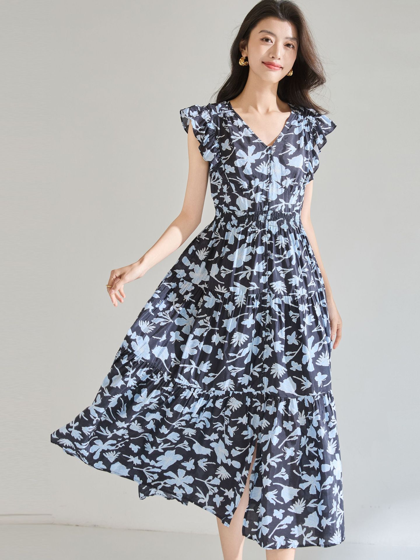 26 New Summer Style Blue French Floral Ruffled Long-Staple Cotton V-Neck Sleeveless Patchwork Printed Dress 22783