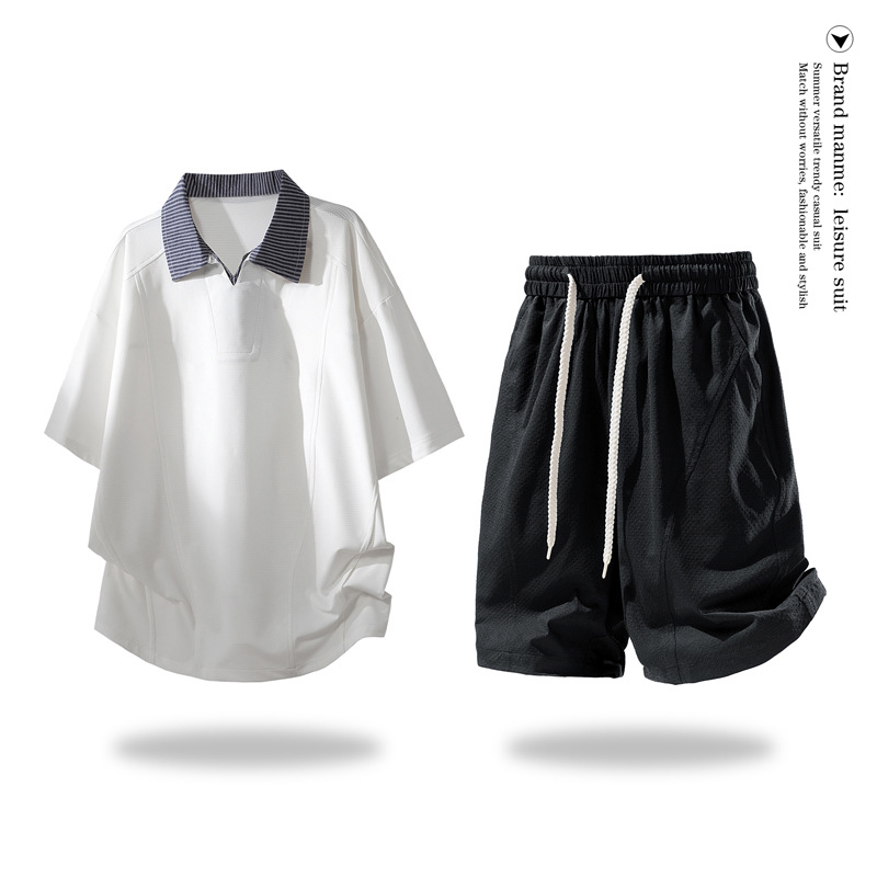 Men's Polo Shirt Set with Short Sleeves and Shorts, a Summer Youth Style with a Turn-Down Collar, Loose and Trendy Two-Piece Set