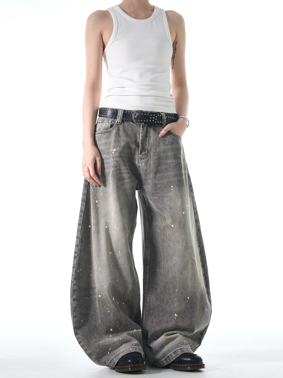 Madwitch American Street Style Splatter Wash Jeans Retro Cool Vintage Wide-Leg Scimitar Pants ins