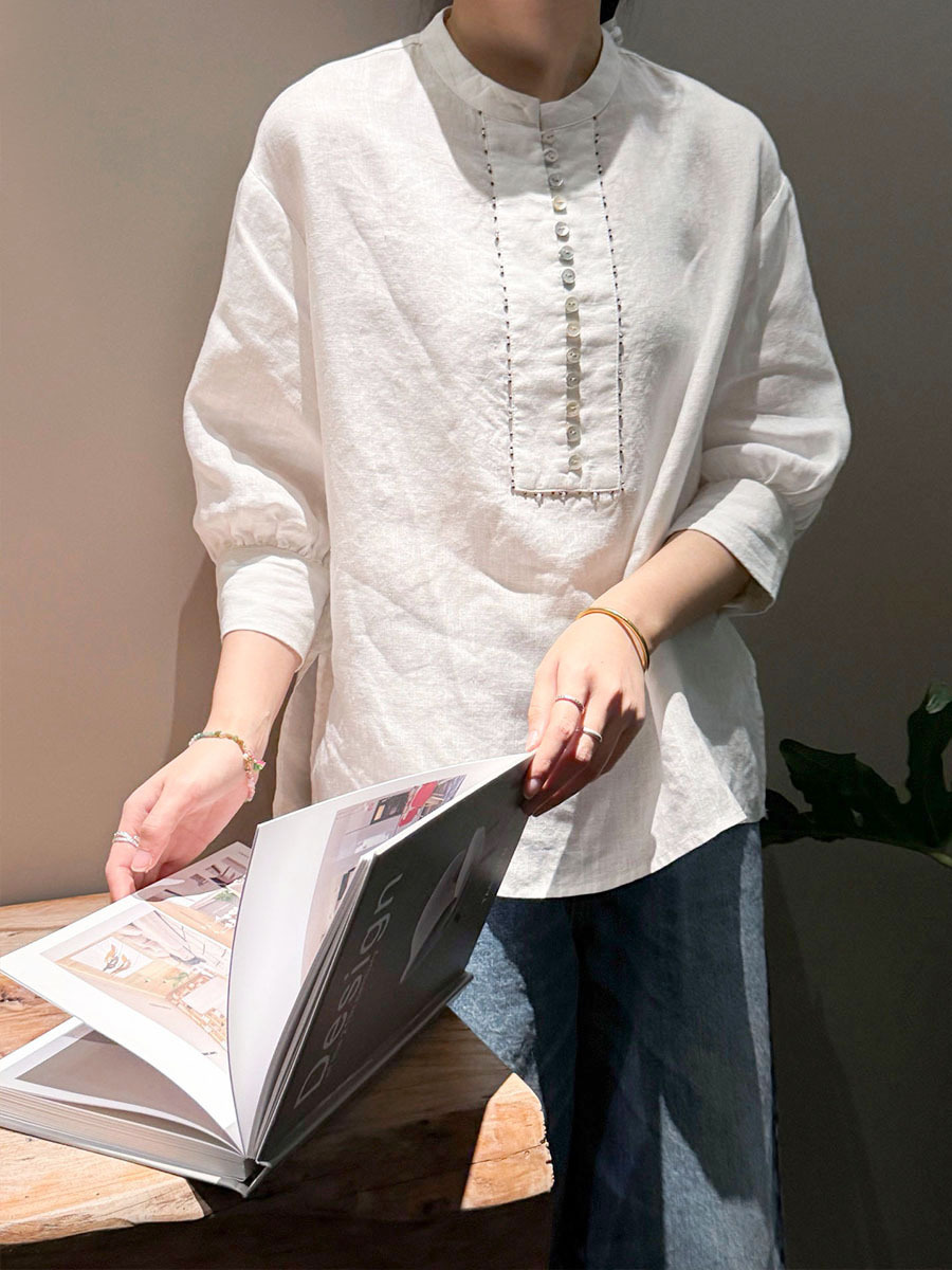 Plus Sutin 100% Hemp Heavy-Duty Beaded Stand-Collar Shirt 2026 Summer New Product Three-Quarter Sleeve Hemp Top in Stock