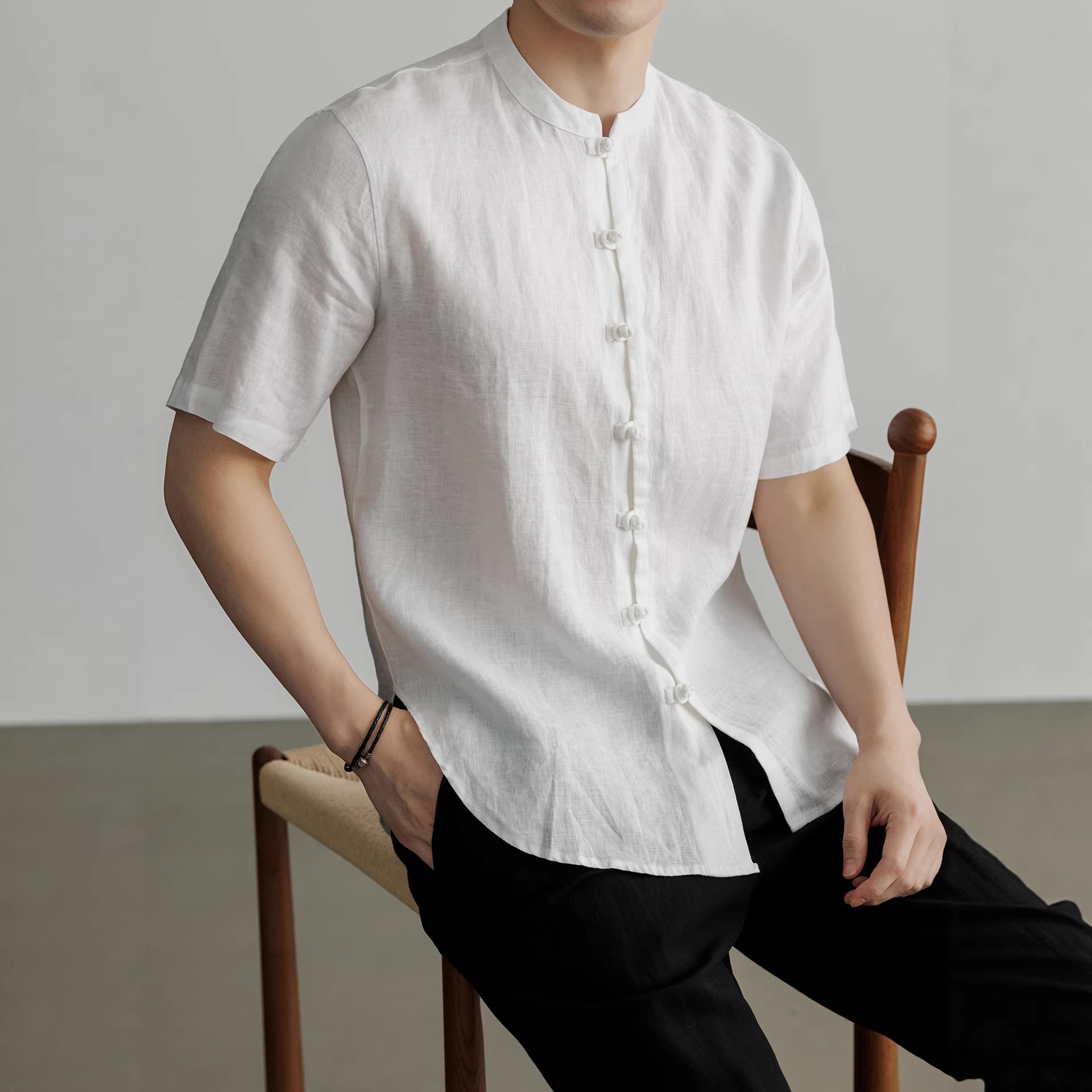 100% Linen Button-Down Short-Sleeved Shirt for Men 2026 Summer New Style Retro National Style Shirt for Men Men's Taoist Robe Top
