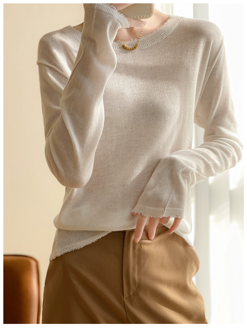 New Style Pullover Striped Knit Sweater, Vintage Loose Round Neck Long-Sleeve Top, Thin Tassel Fine Knit Base Shirt
