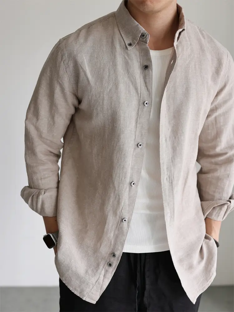 Yuxian Italian Linen Cotton Yarn-Dyed Long Sleeves Shirt Casual Business Pure Color Work Clothing Breathable Moisture Absorption Shirt Spring and Summer