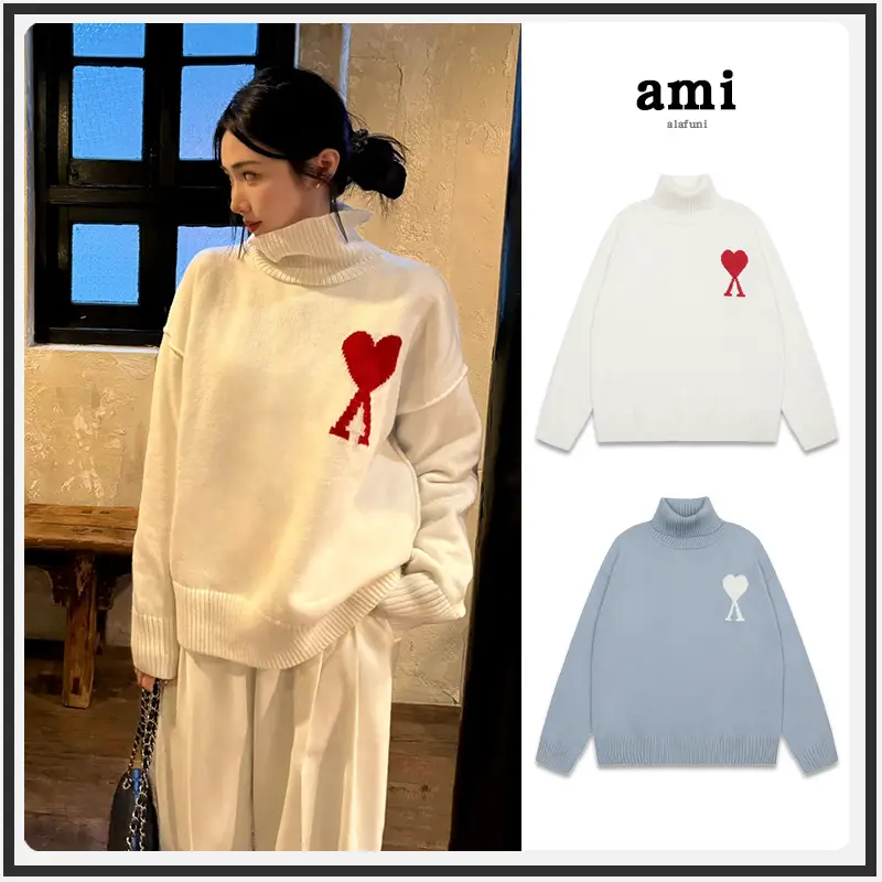 Heavy weight! Ami high neck sweater, big heart jacquard, autumn and winter casual couple's top, warm wool knit sweater