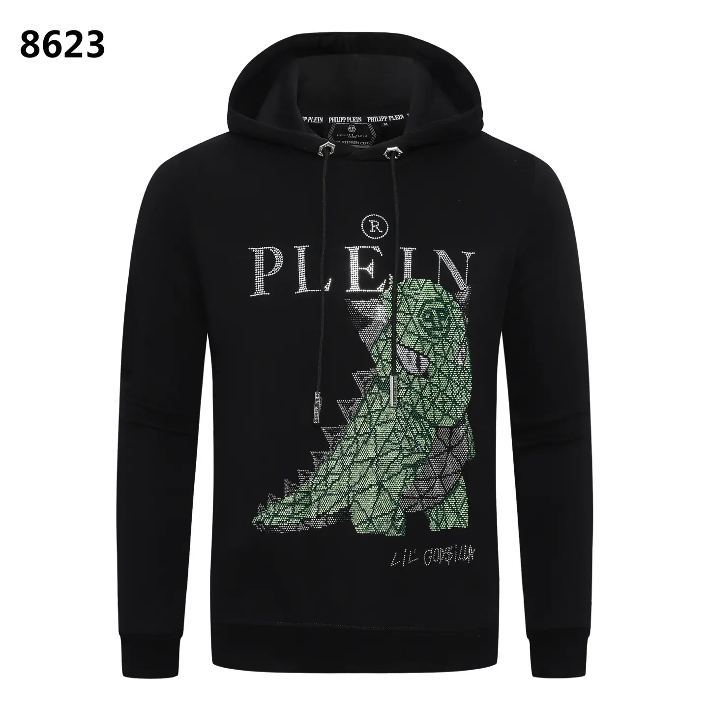 Fashionable Brand Philip Pulan Autumn and Winter New Men's Sweatshirt European and American Street Fashion Hot Diamond Green Dragon Hooded Sweatshirt Pp Men
