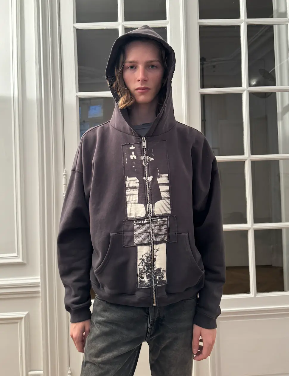 (Shanwu) Erd25Ss Patchwork Portrait Sweatshirt Hoodie Zipper Jacket Unisex Short and Loose