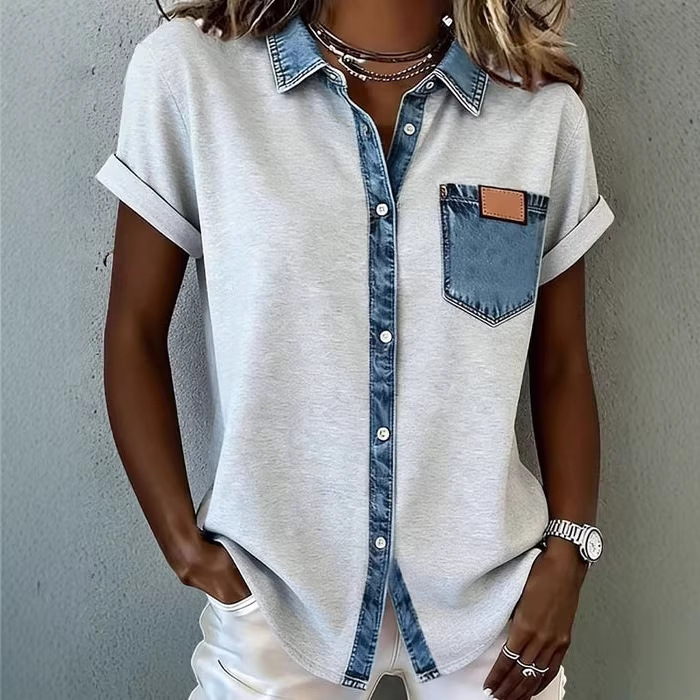 2026 Spring and Summer New Style Lapel Short-Sleeved Tops for Women European and American Casual Versatile Multi-Color Patchwork T-Shirt Shirts for Women