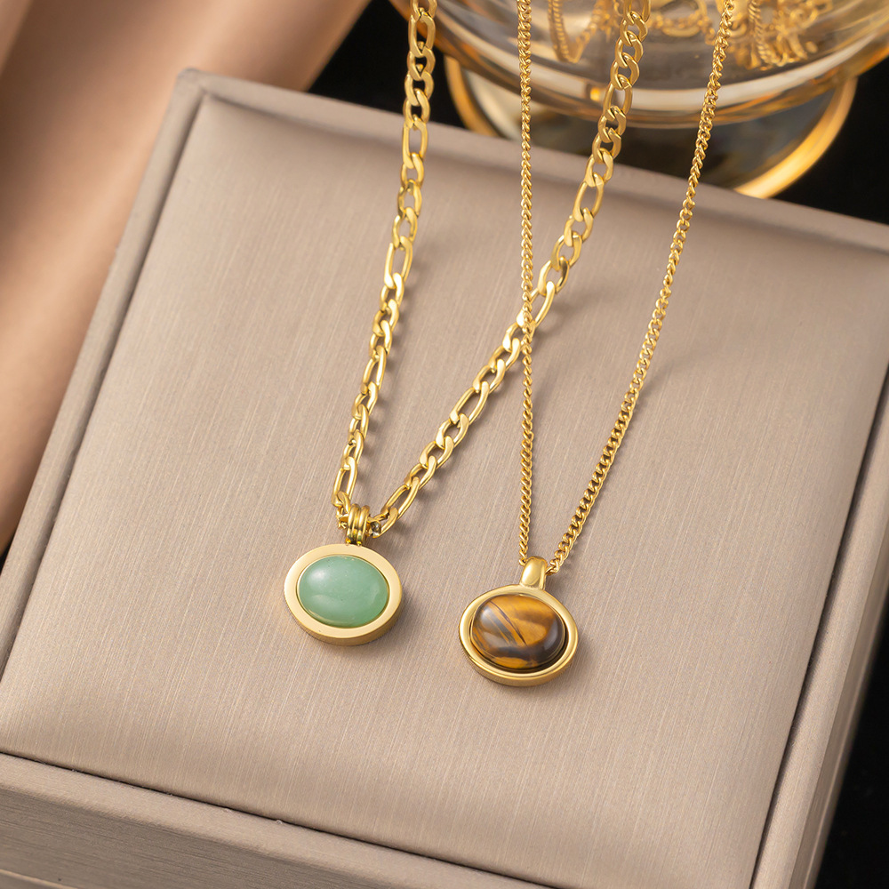 Fashion jewelry Dongling Jade round pendant Figaro chain stainless steel necklace vintage gold plated clavicle chain for women