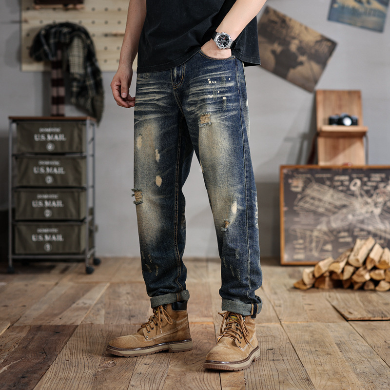 6503 | large size men's summer new spray painted ripped jeans loose American retro washed straight trousers